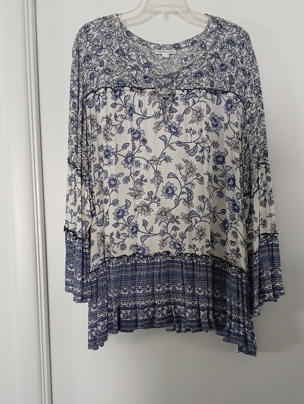 Westport Blue & White Boho Floral Peasant Tunic